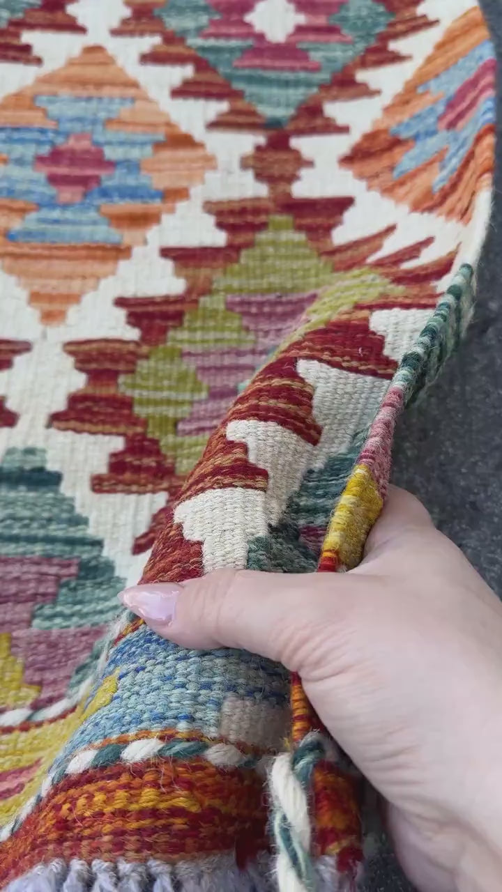 2x5 Handmade Afghan Kilim Runner Rug | Cream White Crimson Blood Auburn Red Peach Coral Orange Moss Olive Green Denim Teal Blue Purple