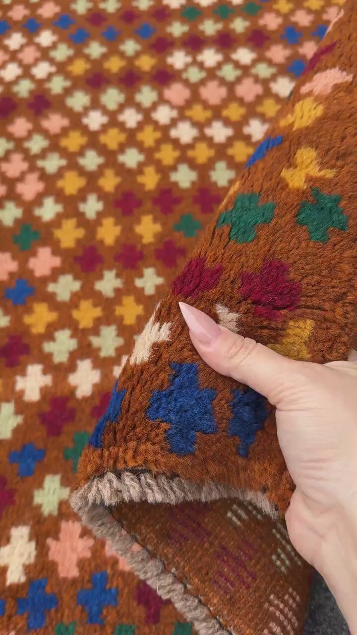 4x6 Handmade Vintage Afghan Baluch Rug | Chocolate Brown Brick Red Navy Blue Salmon Pink Peach Forest Mint Green Cream White Mustard Gold