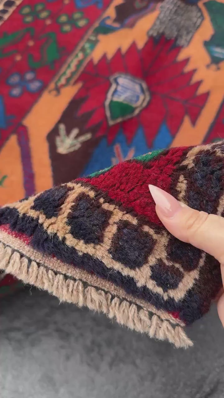 3x5 (91x152) Handmade Vintage Afghan Baluch Rug | Blood Crimson Red Saffron Peach Orange Forest Green Purple Cream Denim Royal Blue | Wool