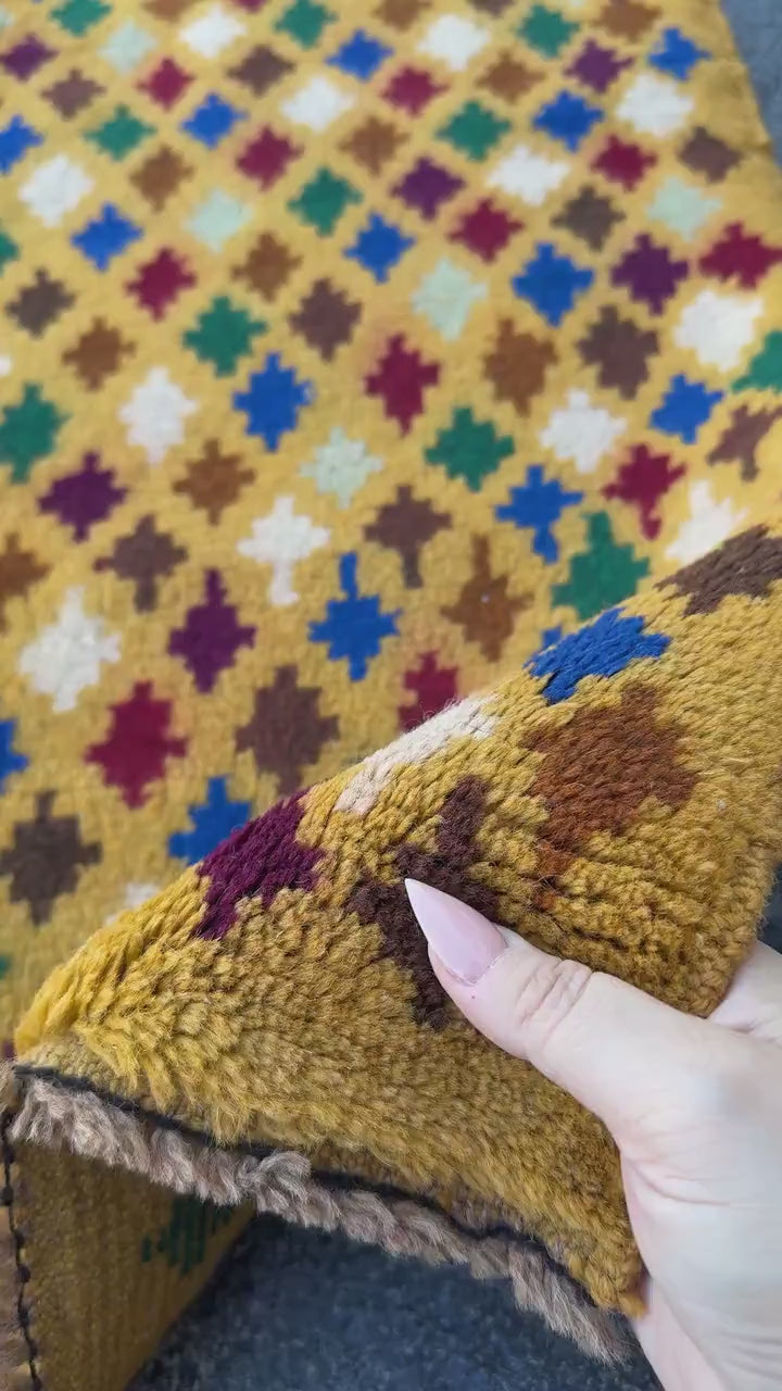 3x9 Handmade Vintage Baluch Afghan Runner Rug | Mustard Caramel Golden Red Ivory Royal Blue Pine Green Peach Tribal Oriental Boho Geometric