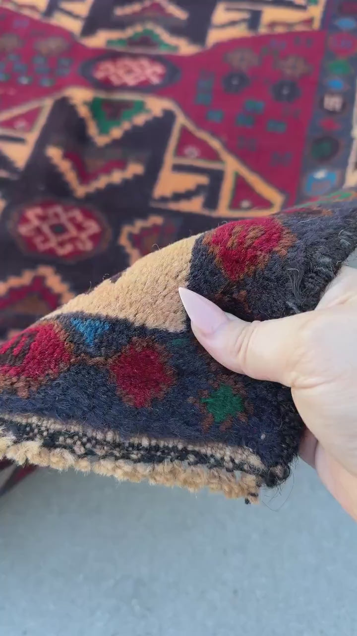 3x4 (91x121) Handmade Vintage Afghan Baluch Rug | Blood Auburn Red Gold Peach Orange Cream Black Midnight Denim Blue Forest Green Brown