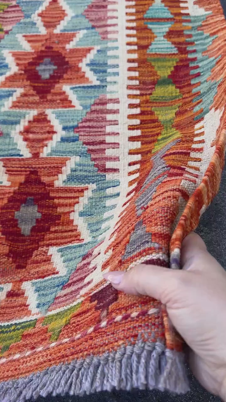 3x4 (91x121) Handmade Afghan Kilim Rug | Burnt Orange Blood Brick Scarlet Red Cream White Denim Blue Grey Black Forest Moss Green | Wool