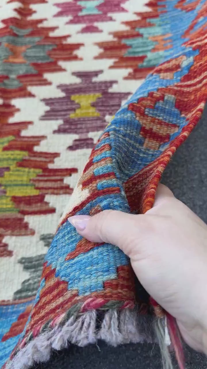 2x5 Handmade Afghan Kilim Runner Rug | Cream White Aqua Teal Sky Blue Burnt Orange Brick Red Pink Mustard Olive Burgundy Forest Green
