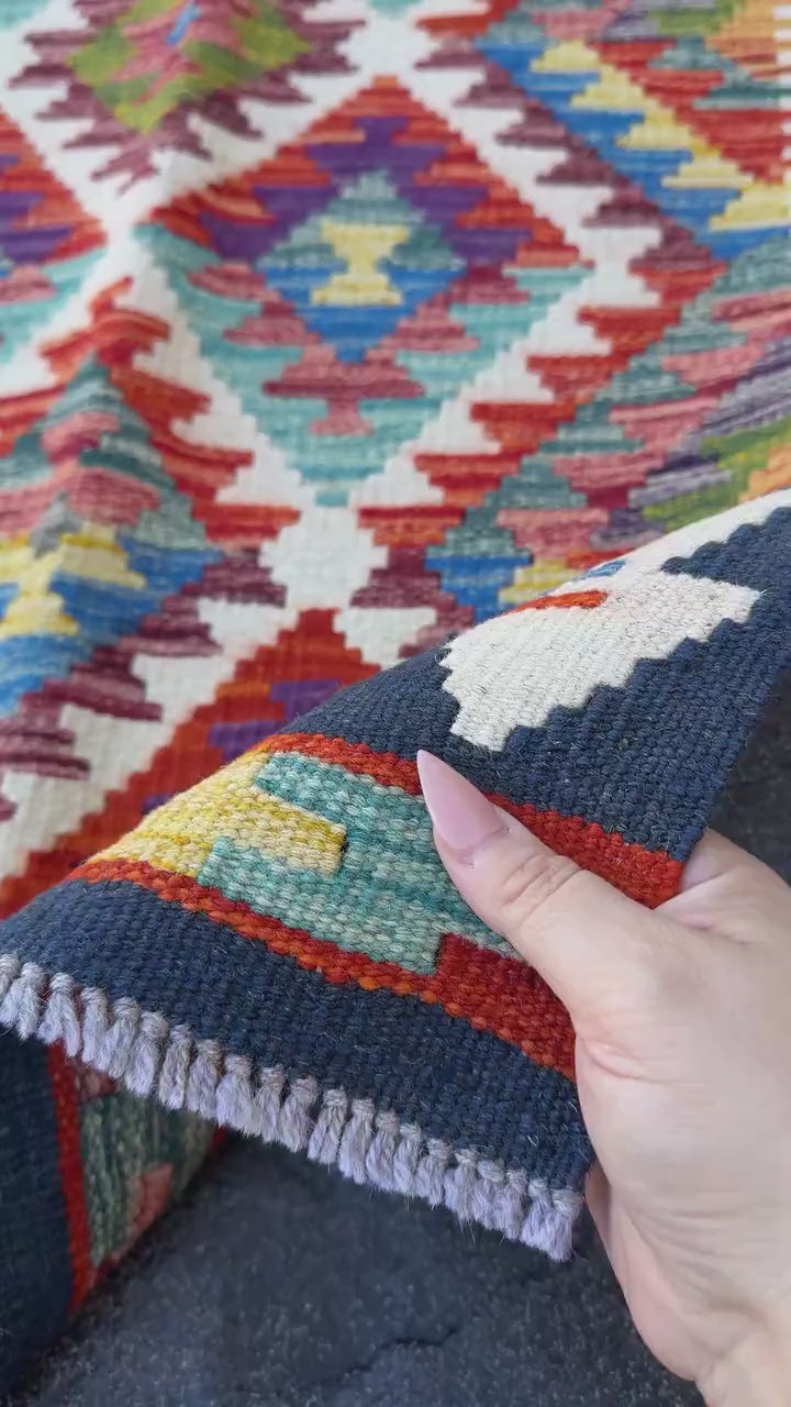 2x5 Handmade Afghan Kilim Runner Rug | Cream White Mustard Aqua Teal Sky Blue Denim Burnt Orange Brick Red Burgundy Lavender Navy
