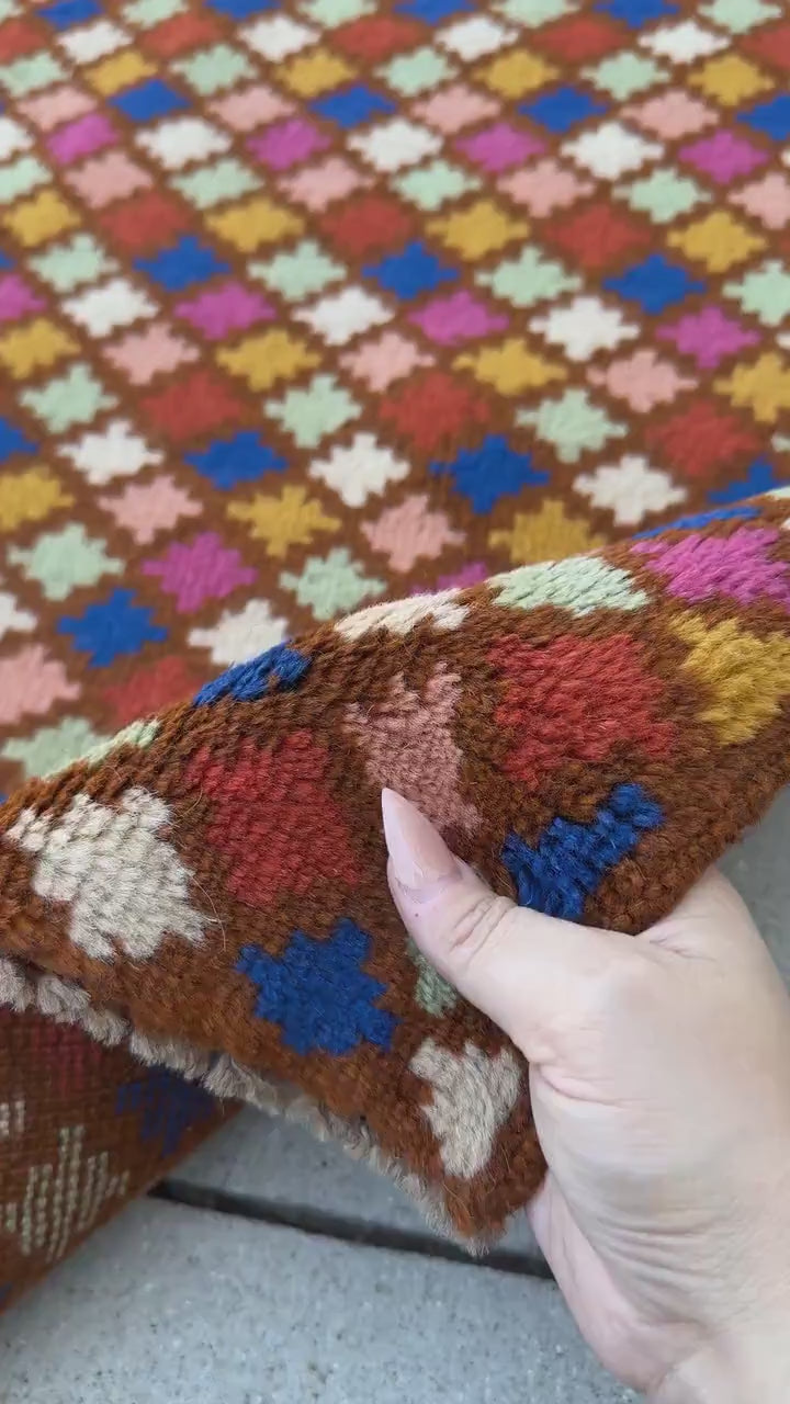 4x6 Handmade Vintage Afghan Baluch Rug | Chocolate Brown Navy Blue Rose Salmon Pink White Mustard Yellow Gold Burnt Orange Mint Green | Wool