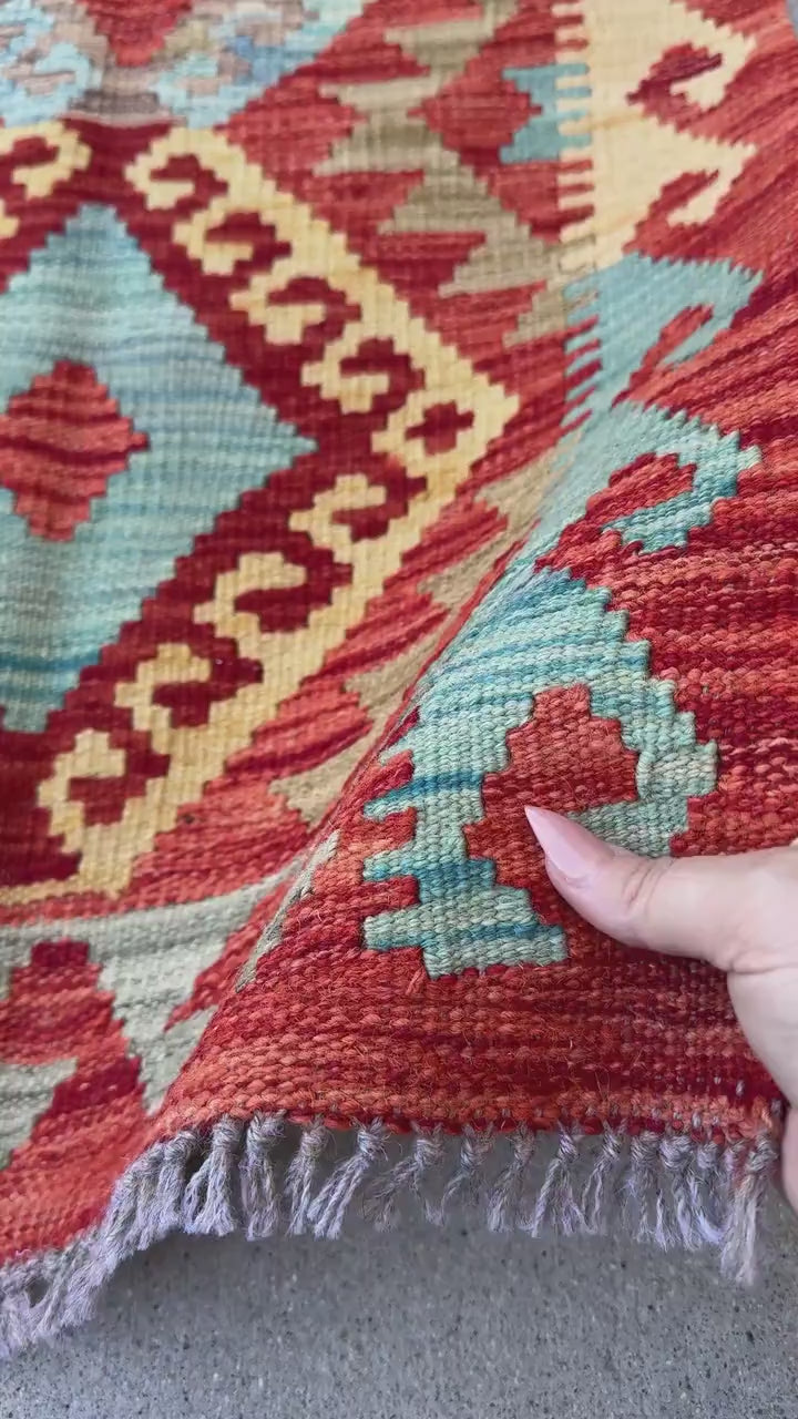 2x3 (61x91) Handmade Afghan Kilim Rug | Burnt Peach Orange Yellow Saffron Denim Baby Aqua Blue Grey Beige Teal Blood Scarlet Red | Wool