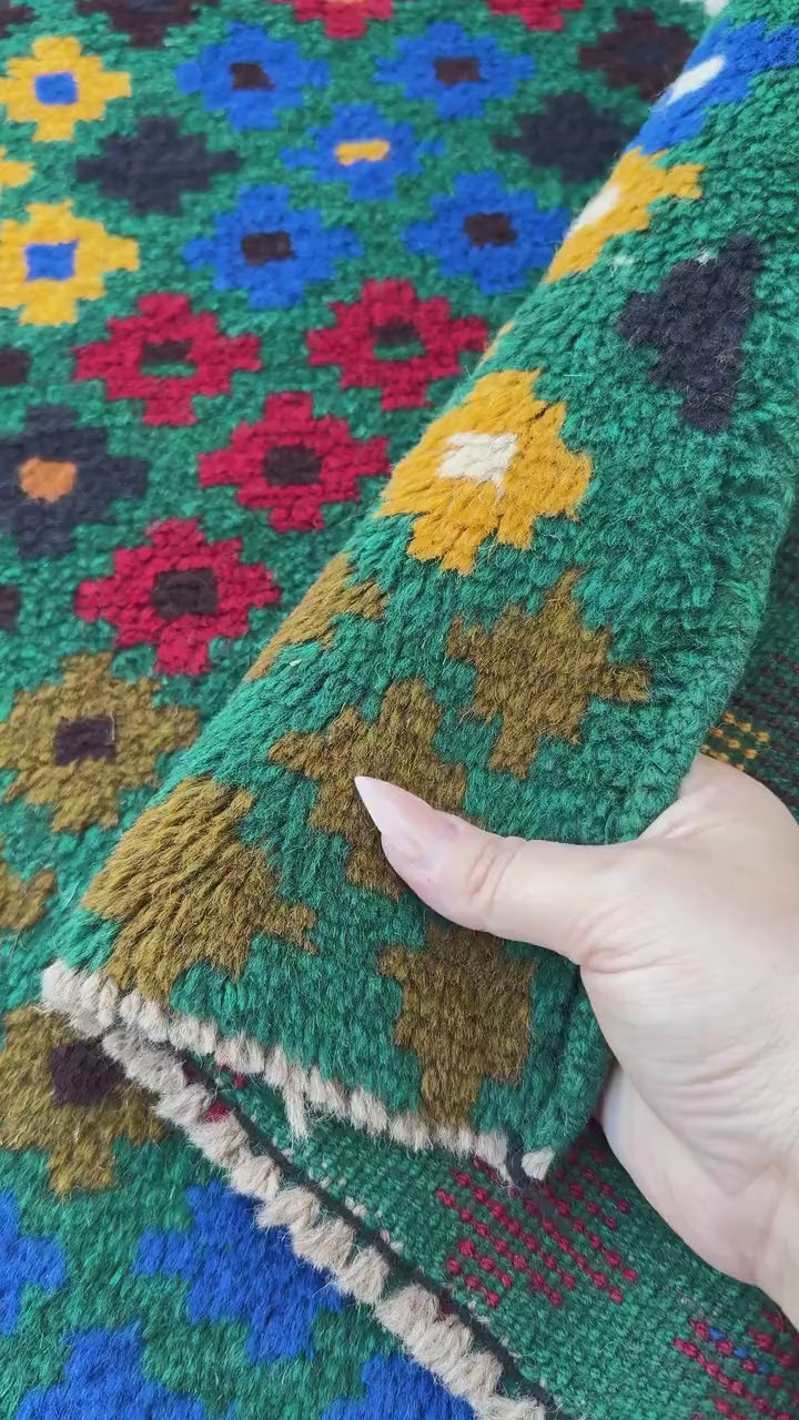 4x6 Handmade Vintage Afghan Baluch Rug | Forest Olive Green Navy Blue White Brick Red Mustard Gold Eggplant Purple Midnight Blue | Wool