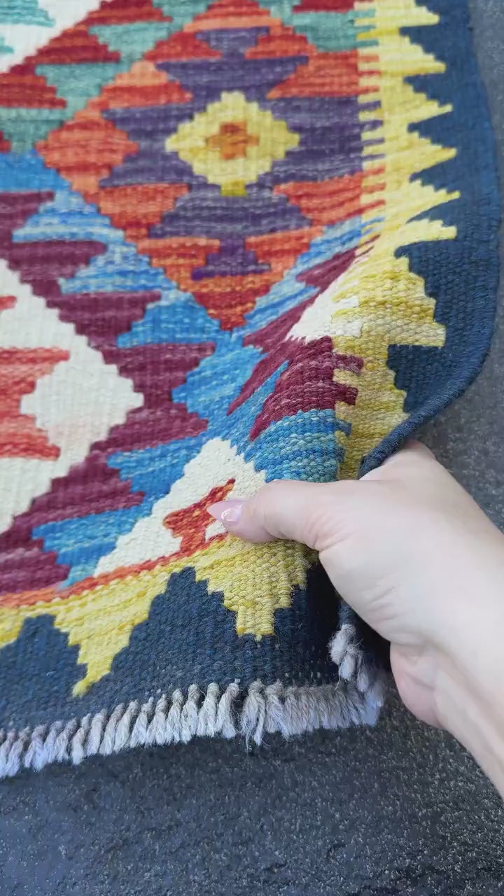 2x5 Handmade Afghan Kilim Runner Rug | Midnight Denim Royal Aqua Blue Teal Cream White Rust Burnt Orange Maroon Yellow Purple | Wool