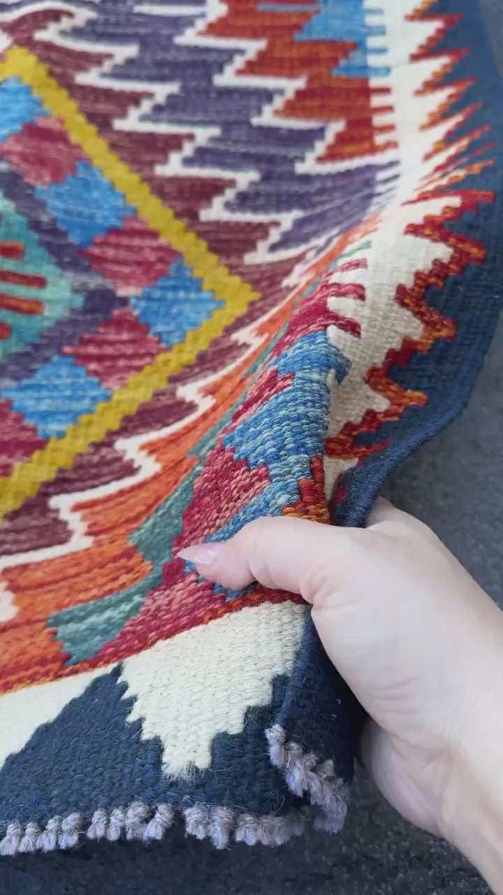 2x5 Handmade Afghan Kilim Runner Rug | Purple Rust Red Burnt Orange Mustard Yellow Teal Aqua Blue Olive Green Cream White Navy Maroon | Wool