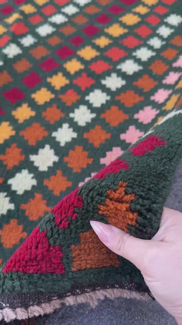 3x10 Handmade Vintage Afghan Baluch Runner Rug | Pine Mint Green Mustard Gold Copper Brown Brick Red Peach Burnt Orange | Wool Flatwoven