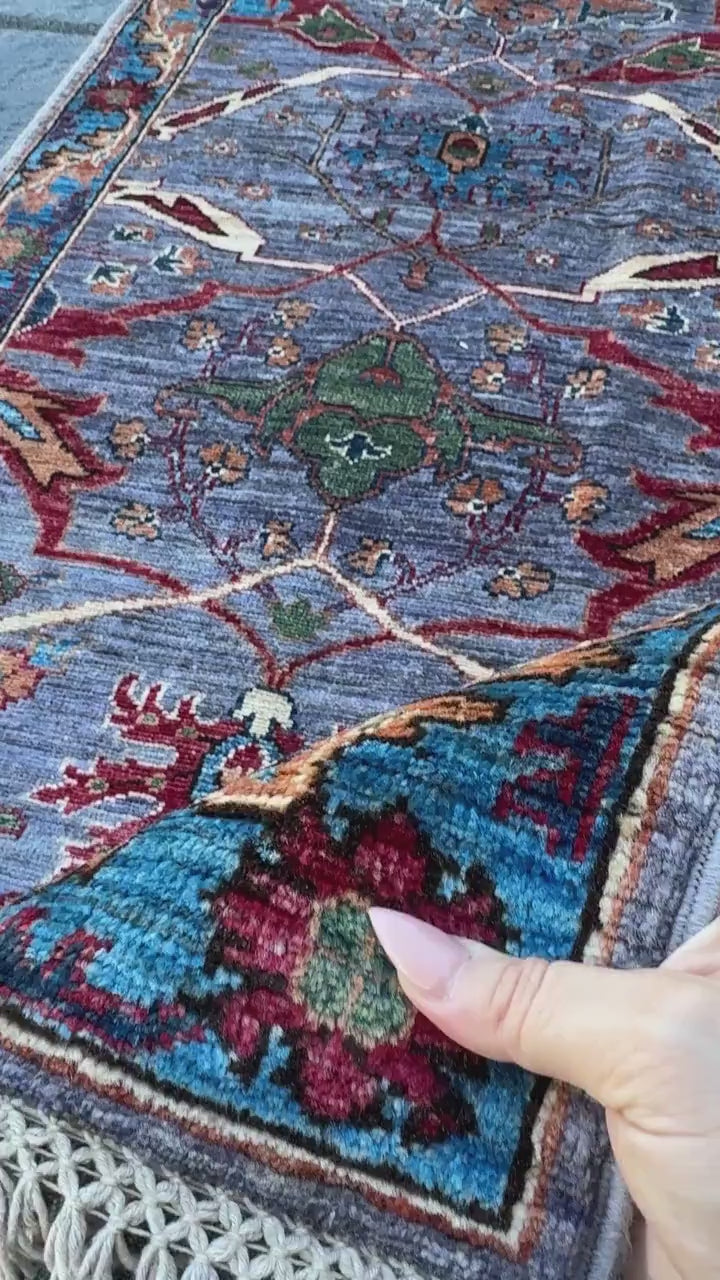 3x22 Handmade Afghan Wool Runner Rug | Blue Floral Hallway Rug | Hand-Knotted Traditional Long Runner