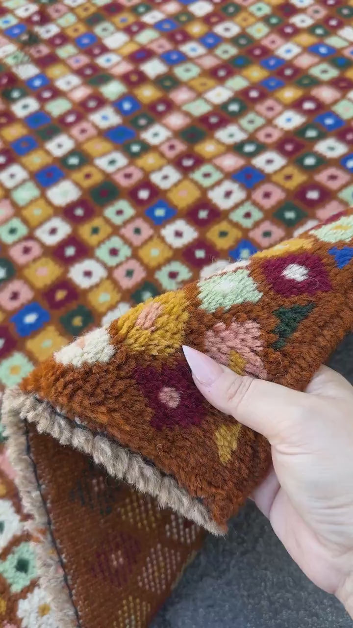 4x6 Handmade Vintage Afghan Baluch Rug | Chocolate Brown Brick Red White Pine Mint Green Salmon Pink Peach Mustard Yellow Gold Navy Blue