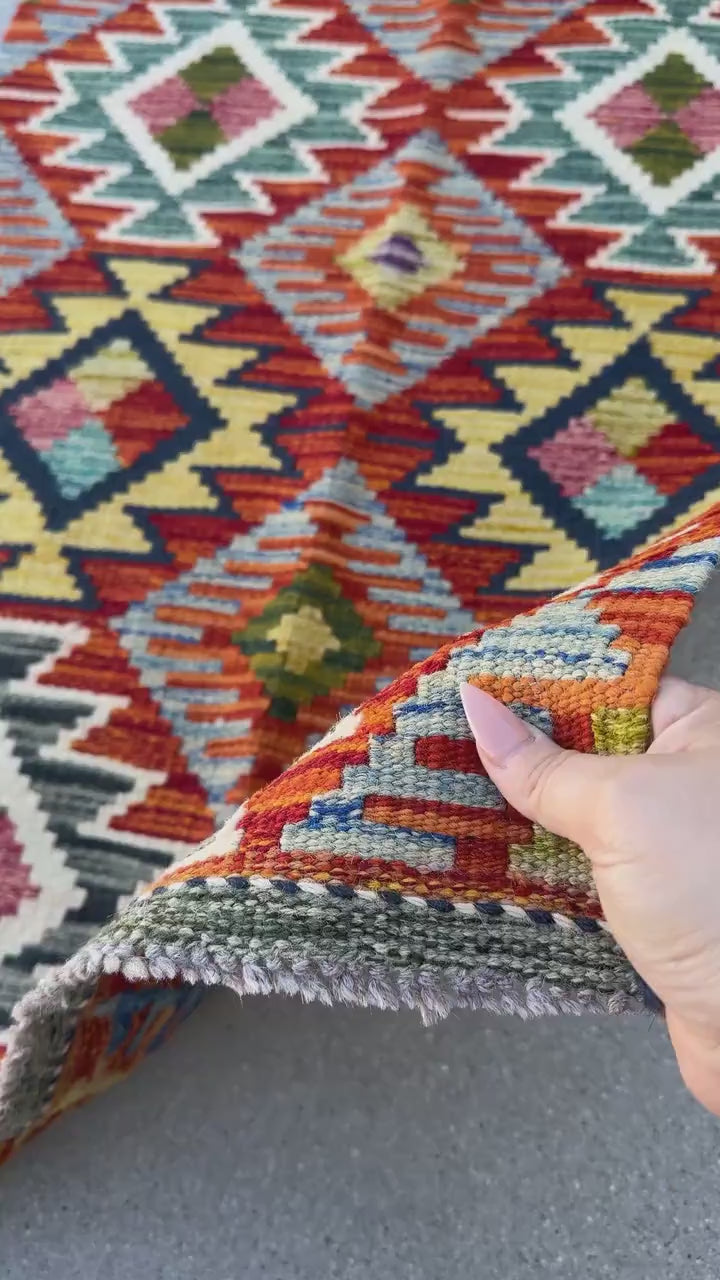 2x5 (50x152) Handmade Afghan Kilim Runner Rug | Crimson Red Burnt Orange Forest Green Yellow Grey Teal Denim Midnight Blue Cream White Wool