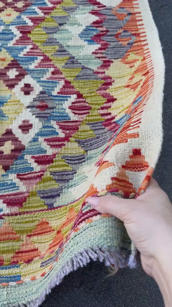 3x4 Handmade Afghan Kilim Rug | Rust Red Burnt Orange Mustard Yellow Olive Green Cream White Aqua Blue Teal Navy Purple Grey | Flatwoven