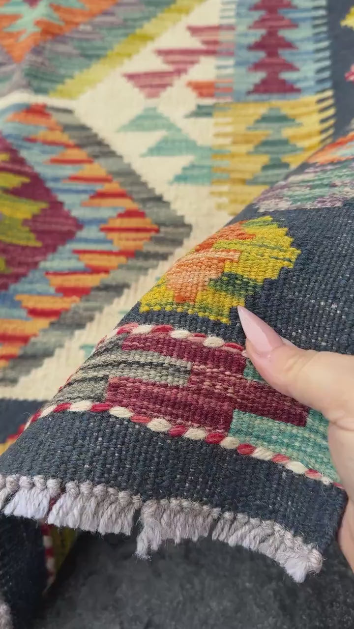 2-3x5 Handmade Afghan Kilim Rug | Midnight Navy Denim Aqua Blue Orange Moss Chartreuse Green Grey Auburn Maroon Rose Red | Wool Flatweave