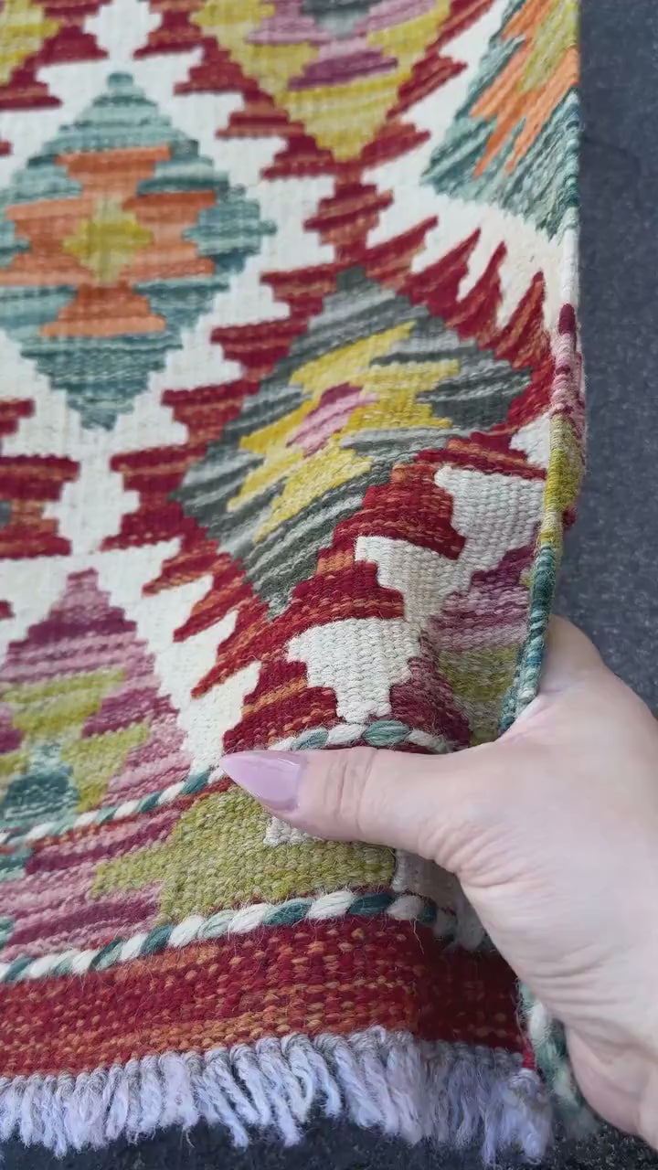 2x5 Handmade Afghan Kilim Runner Rug | Cream White Blood Red Teal Charcoal Grey Orange Olive Green Maroon Aqua Teal Denim Blue | Flatwoven