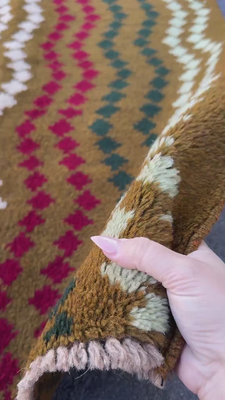 3x10 Handmade Vintage Afghan Baluch Runner Rug | Olive Pine Mint Green White Mustard Yellow Gold Brick Red | Wool Flatwoven