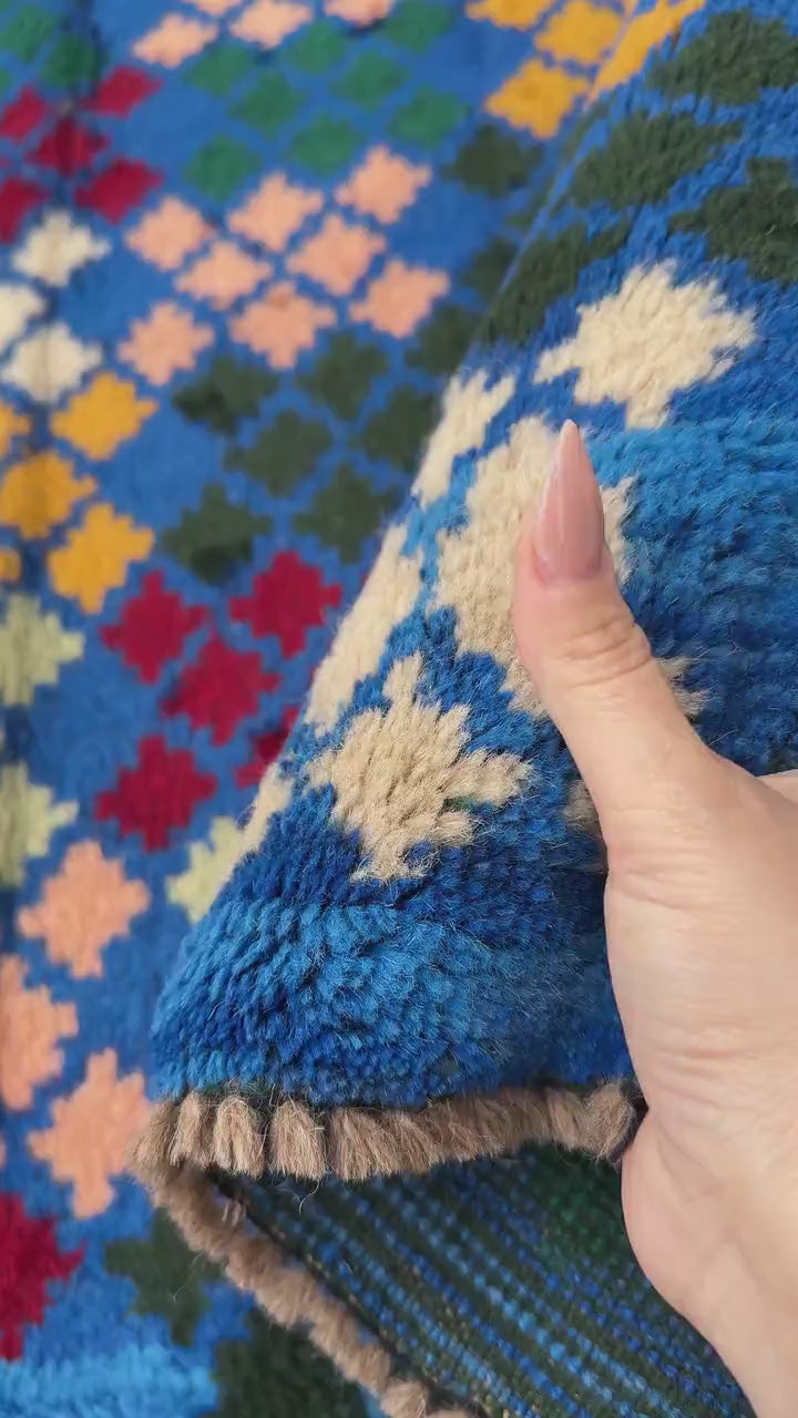 4x6 Handmade Vintage Afghan Baluch Rug | Navy Blue Forest Mint Green Salmon Pink Peach Black Brick Red Mustard Yellow Gold White Cream