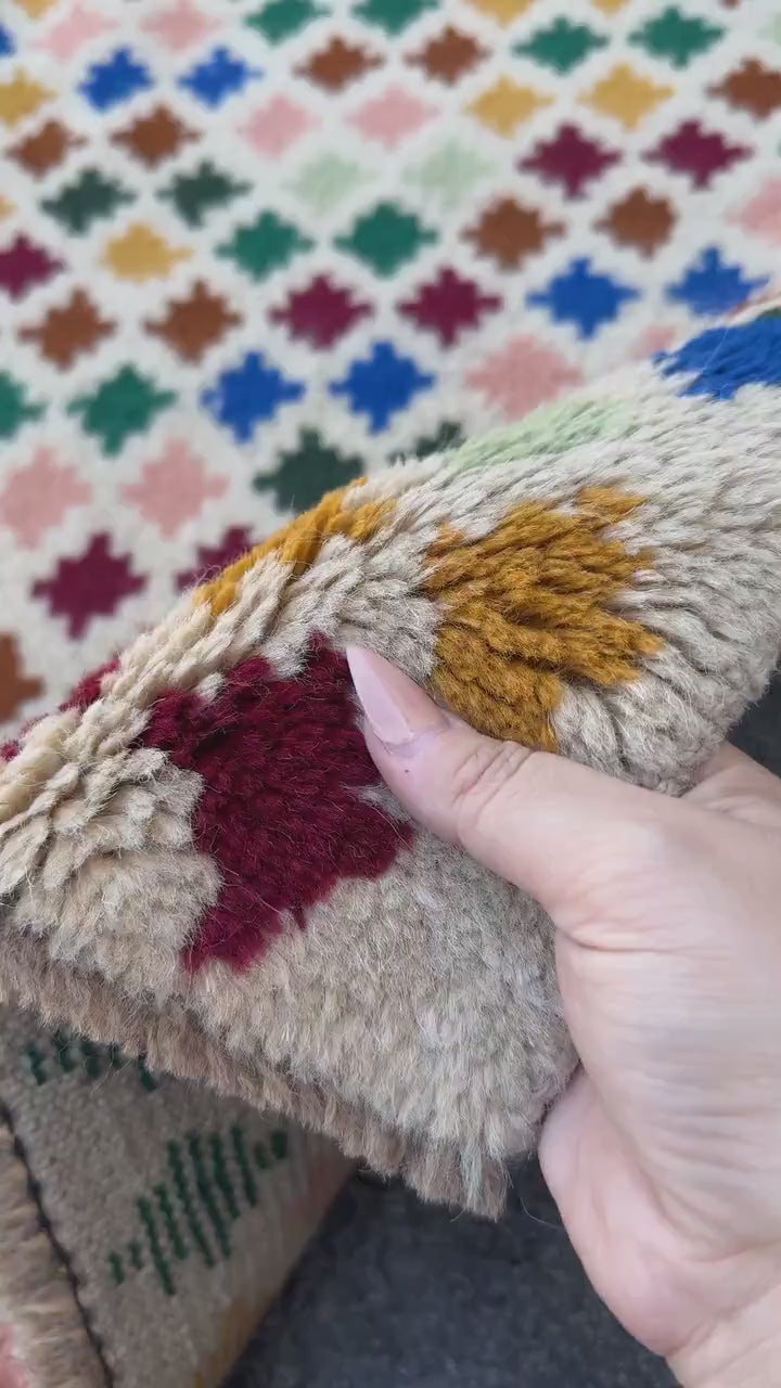 4x6 Handmade Vintage Afghan Baluch Rug | Cream White Copper Brown Mustard Gold Navy Blue Brick Red Forest Mint Green | Wool Flatwoven