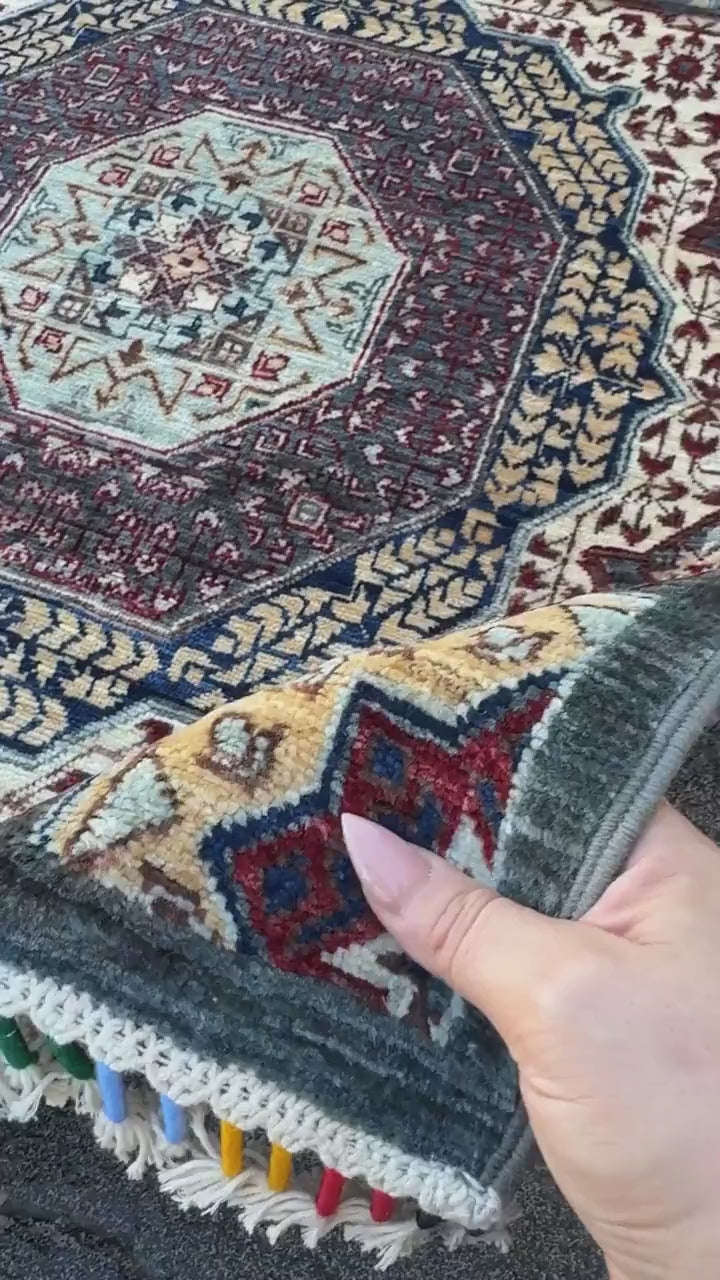3x9 Handmade Afghan Wool Runner Rug | Sage Grey and Ivory Mamluk Medallion Hallway Runner | Fine Hand-Knotted Carpet
