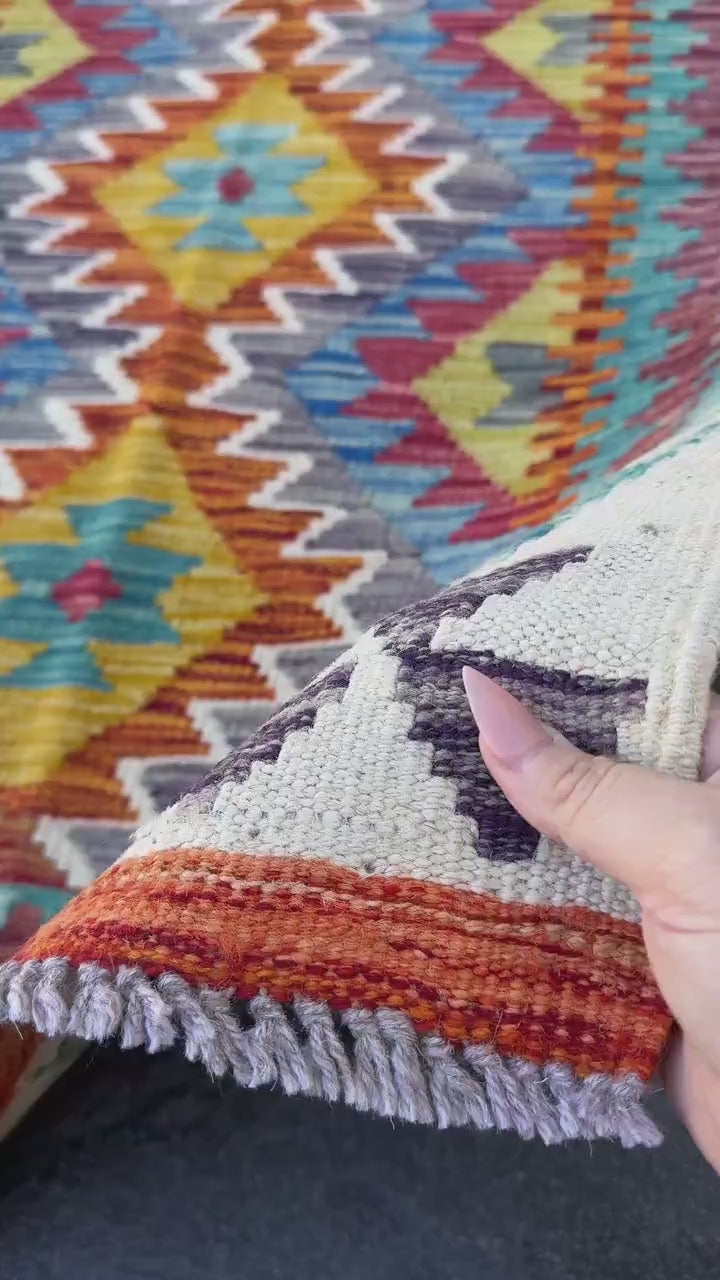 3x4 Handmade Afghan Kilim Rug | Cream Burnt Orange Teal Denim Blue Maroon Auburn Red Grey Purple Mustard Yellow Moss Olive Green | Wool