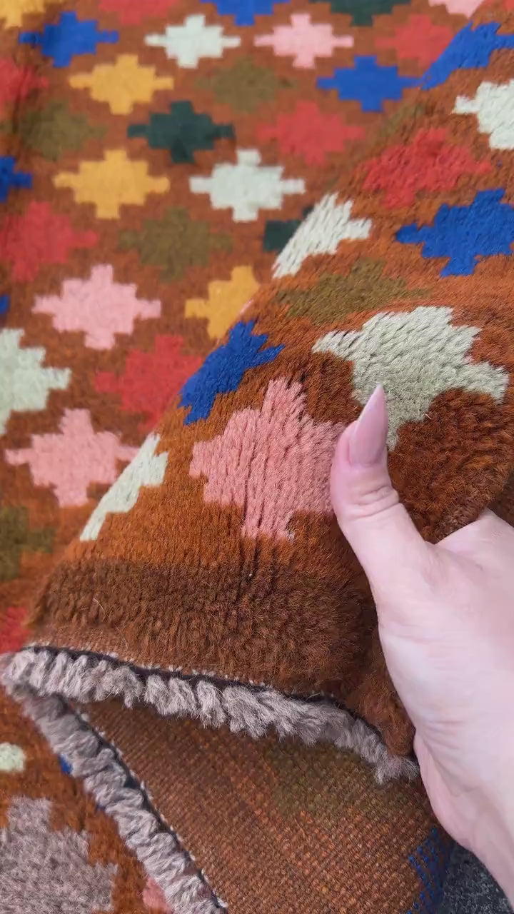 4x6 Handmade Vintage Afghan Baluch Rug | Copper Brown Burnt Orange Rust Red Mustard Yellow Cream Peach Olive Green Navy Blue Grey | Wool