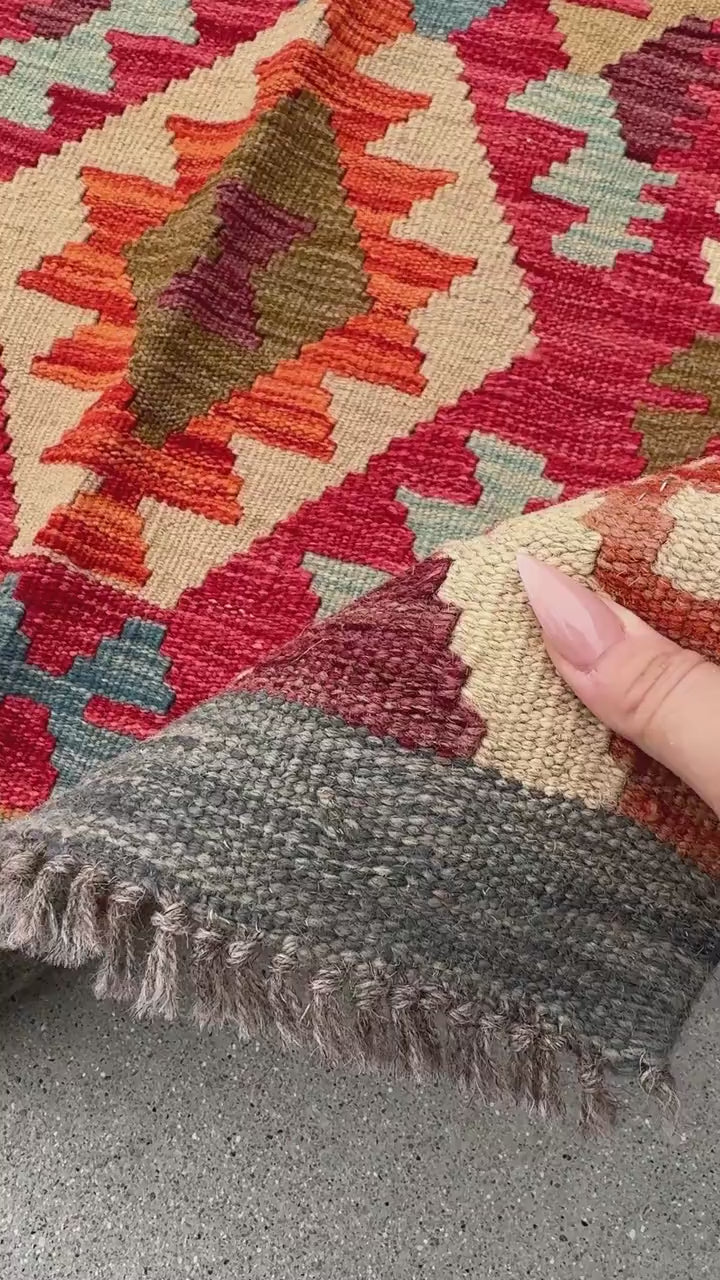 3x7 Handmade Afghan Kilim Runner Rug | Scarlet Crimson Wine Red Plum Purple Burnt Rust Orange Teal Prussian Baby Blue Tan Coffee Brown Cream