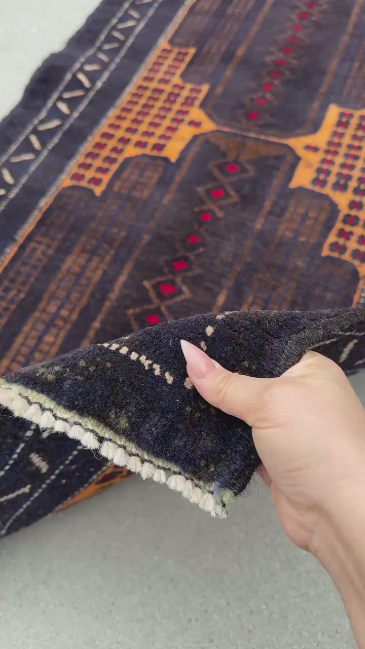 3x5 (91x152) Handmade Vintage Afghan Baluch Rug | Midnight Navy Blue Gold Mustard Yellow Coffee Beige Brown Cream Crimson Red | Wool