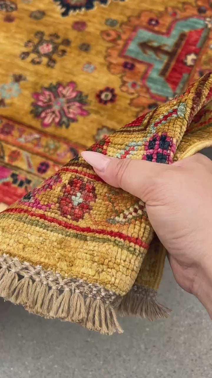 6x8 Handmade Afghan Rug | Golden Yellow, Red, Orange, Black, Brown, Sky Blue, Teal, Turquoise, Rose Pink, Olive Green, Beige, Ivory Turkish