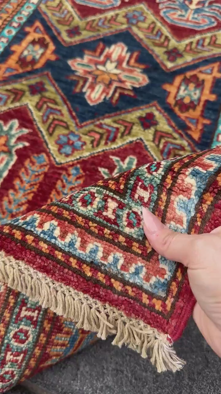 3x10 Handmade Afghan Wool Runner | Tribal Kazak Style Runner Rug | Red Blue Hallway Runner