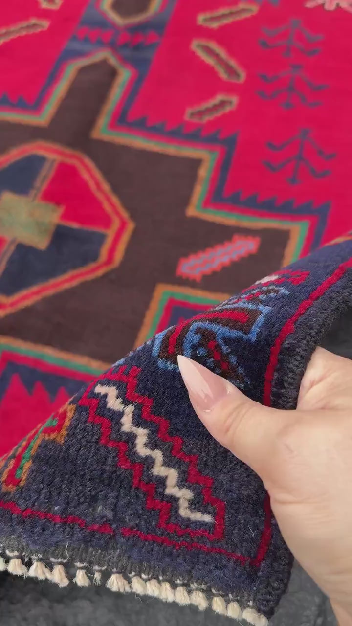 3x4 (91x121) Handmade Afghan Vintage Baluch Rug Scarlet Crimson Red Chocolate Caramel Brown Forest Green Mustard White Cream Navy Denim Blue