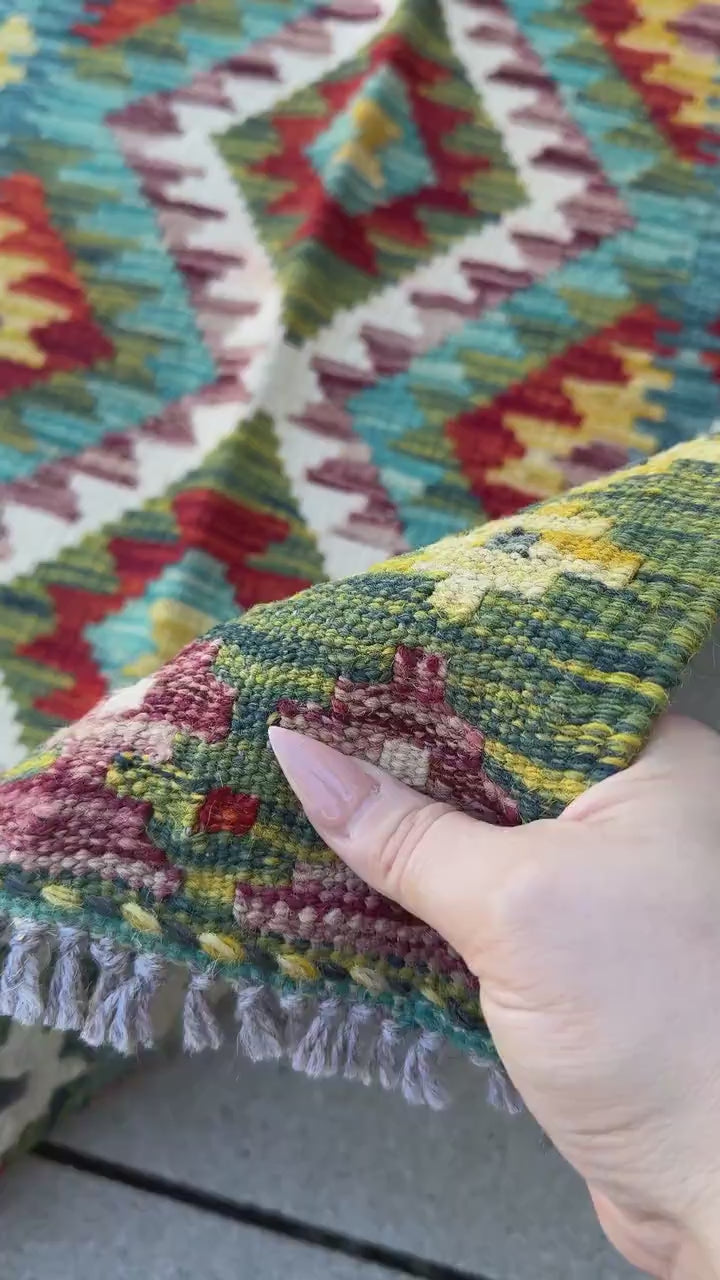2x4 (60x121) Handmade Afghan Kilim Rug | Forest Emerald Green Mustard Yellow Crimson Burgundy Red Teal Navy Prussian Blue Cream White | Wool