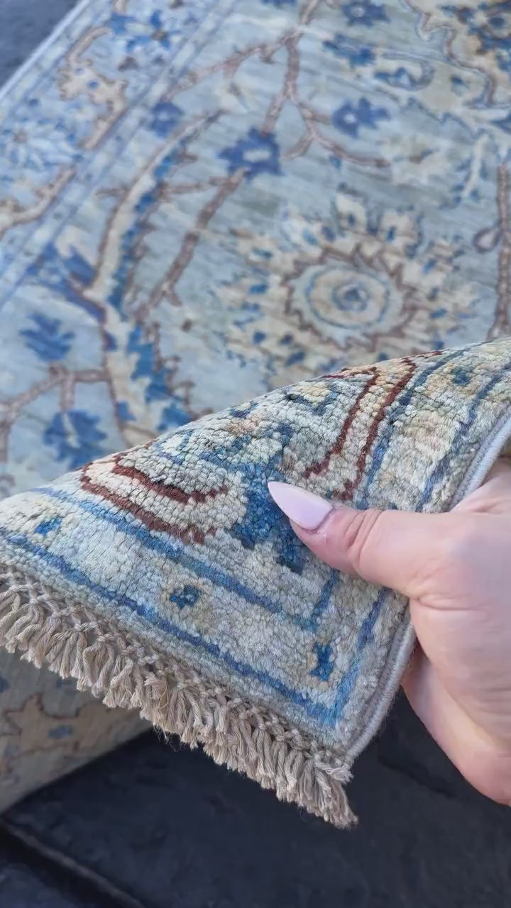 3x10 (91x304) Handmade Afghan Runner Rug | Powder Baby Denim Navy Blue Cream Taupe Sand Rust Orange | Wool Floral Hand Knotted
