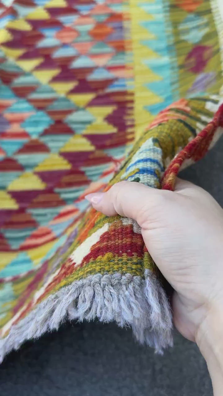 3x5 (91x152) Handmade Afghan Kilim Rug | Blood Red Chocolate Brown Mustard Yellow Aqua Teal Olive Pine Green Eggplant Purple Orange | Wool