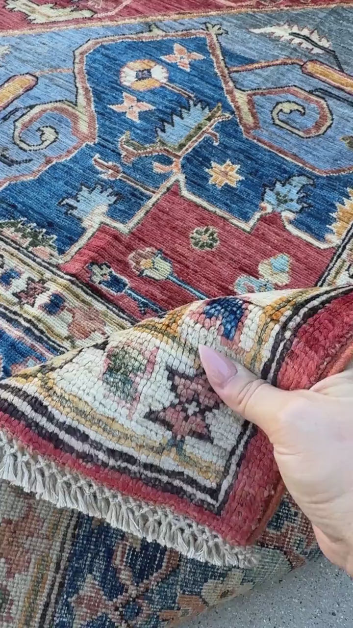 9x13 Handmade Afghan Wool Rug | Red Blue Geometric Medallion Rug | Hand-Knotted Traditional Area Rug