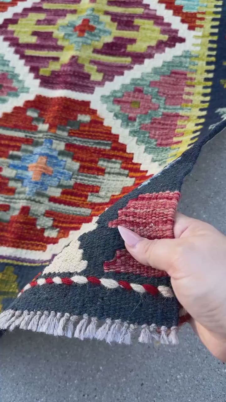 2x5 Handmade Afghan Kilim Runner Rug | Olive Moss Forest Green Cream White Navy Denim Teal Aqua Blue Peach Rust Orange Crimson Wine Red Wool