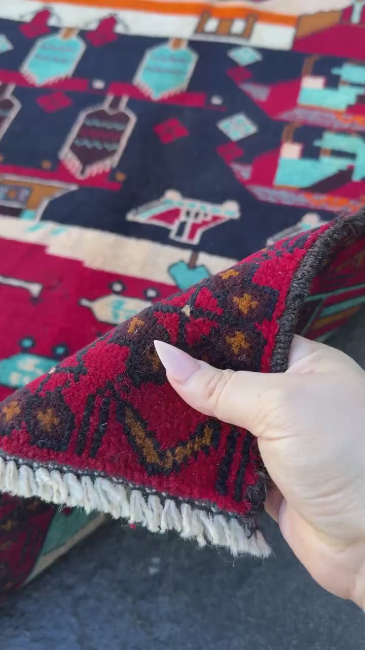 3x4-5 Handmade Vintage Afghan Baluch Rug | Blood Scarlet Burgundy Red Caramel Brown Plum White Cream Peach Orange Midnight Aqua Blue Black
