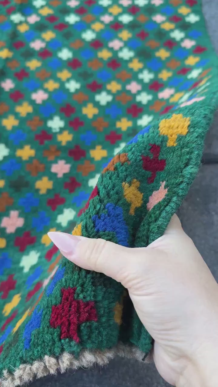 3x10 Handmade Vintage Afghan Baluch Runner Rug | Forest Mint Pine Green Copper Brown Mustard Gold Navy Blue Brick Red Peach | Wool Flatwoven