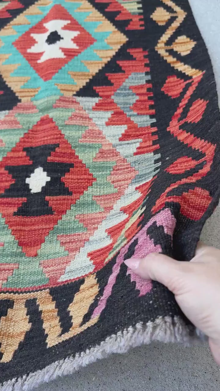 2x3 Handmade Afghan Kilim Rug | Black Burnt Orange Peach Cream White Aqua Mustard Gold Teal Light Grey Purple Tan | Wool Flatwoven