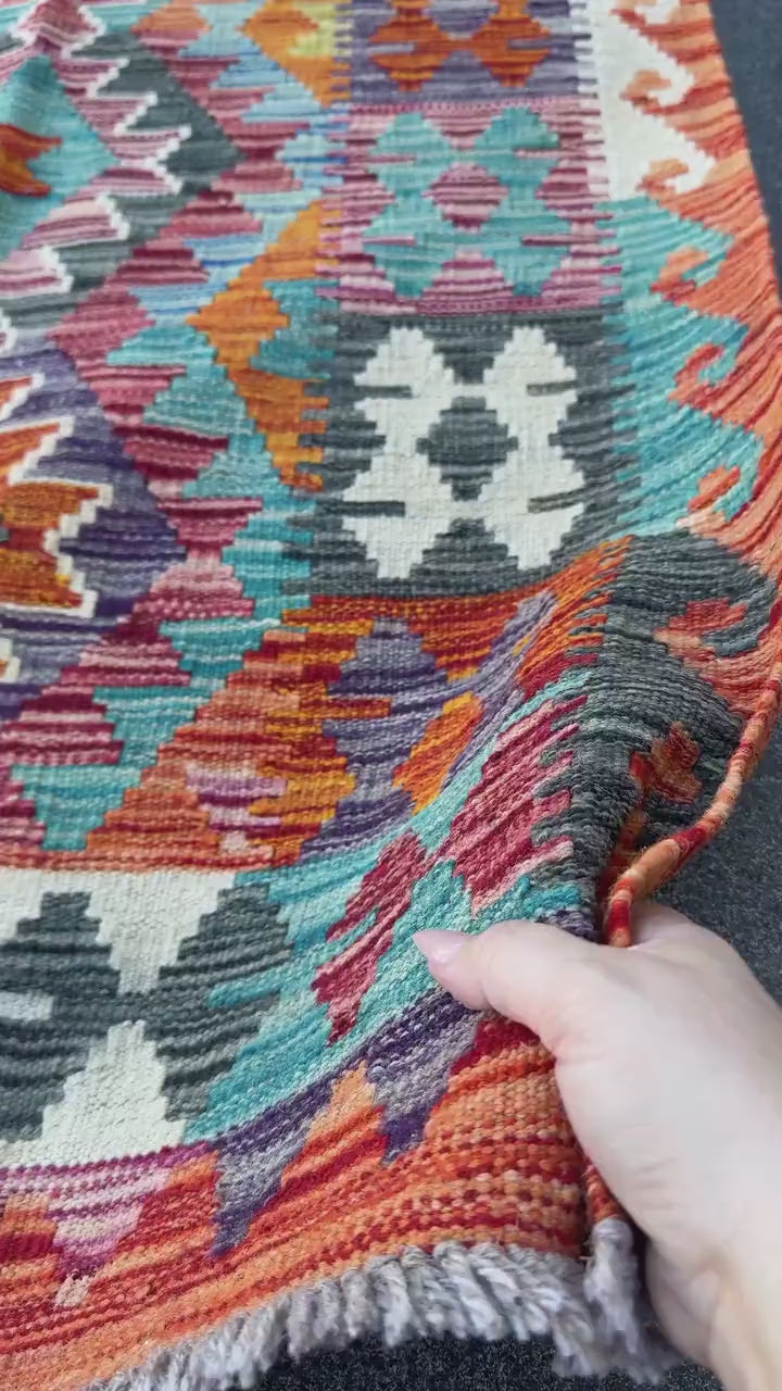 3x4 Handmade Afghan Kilim Rug | Burnt Orange Rust Red Cream White Mustard Yellow Olive Green Teal Aqua Blue Navy Purple Grey | Flatwoven