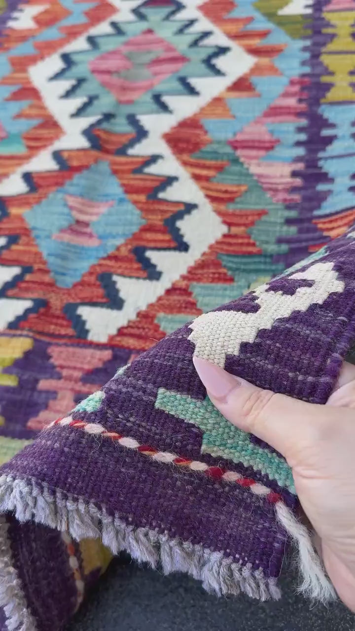 2-3x5 Handmade Afghan Kilim Rug | Purple Cream White Orange Crimson Brick Red Mustard Yellow Mint Forest Green Grey Aqua Baby Teal Denim