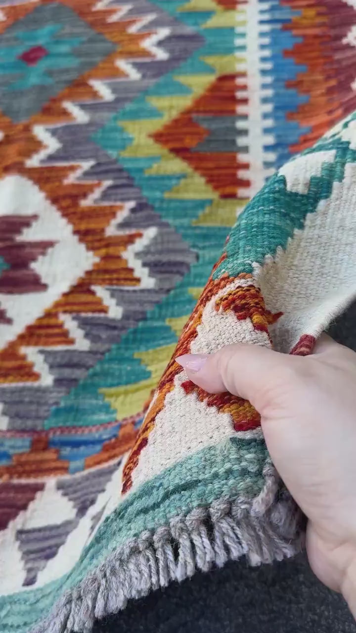 3x4 Handmade Afghan Kilim Rug | Teal Burnt Orange Mustard Yellow Cream White Rust Red Olive Green Aqua Blue Purple Grey | Wool Flatwoven