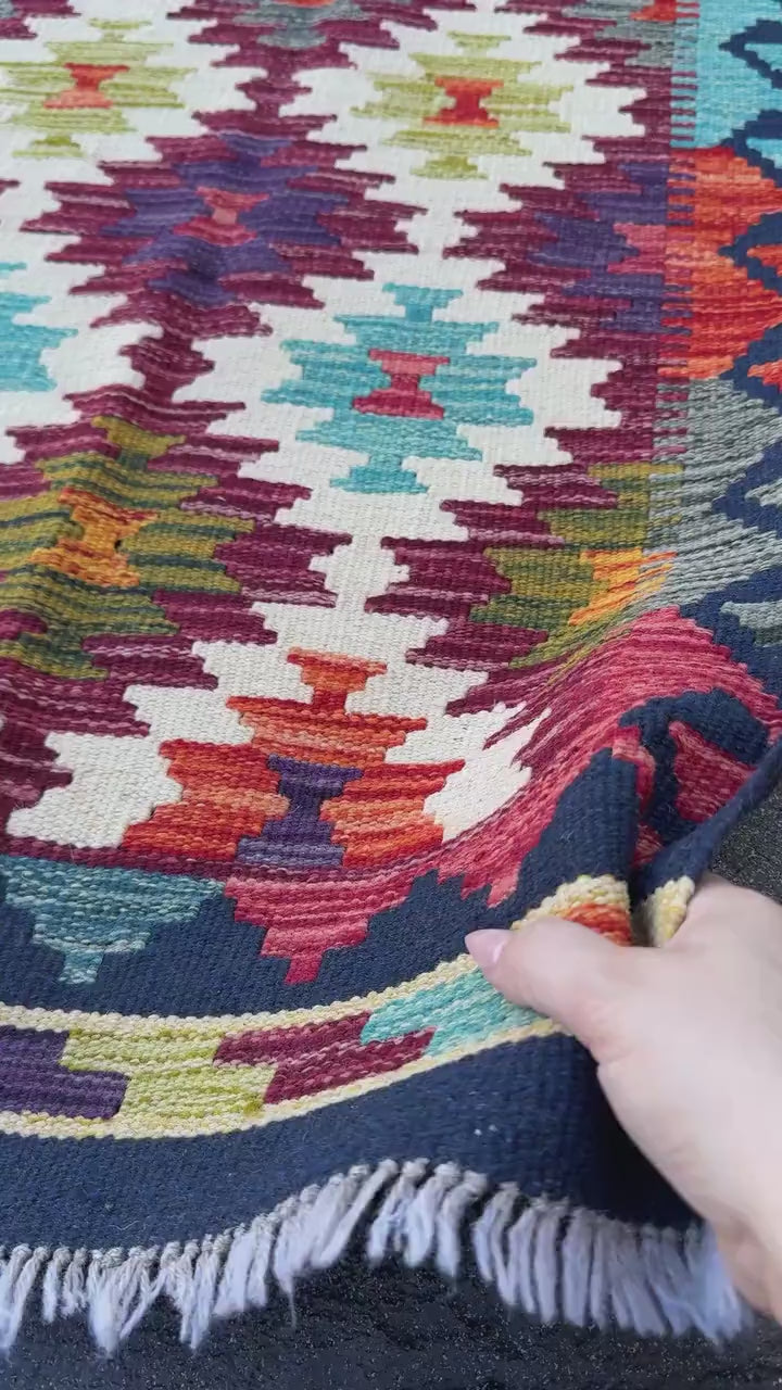 2x5 Handmade Afghan Kilim Runner Rug | Burgundy Rust Red Burnt Orange Mustard Yellow Olive Green Teal Aqua Blue Navy Cream Grey Purple