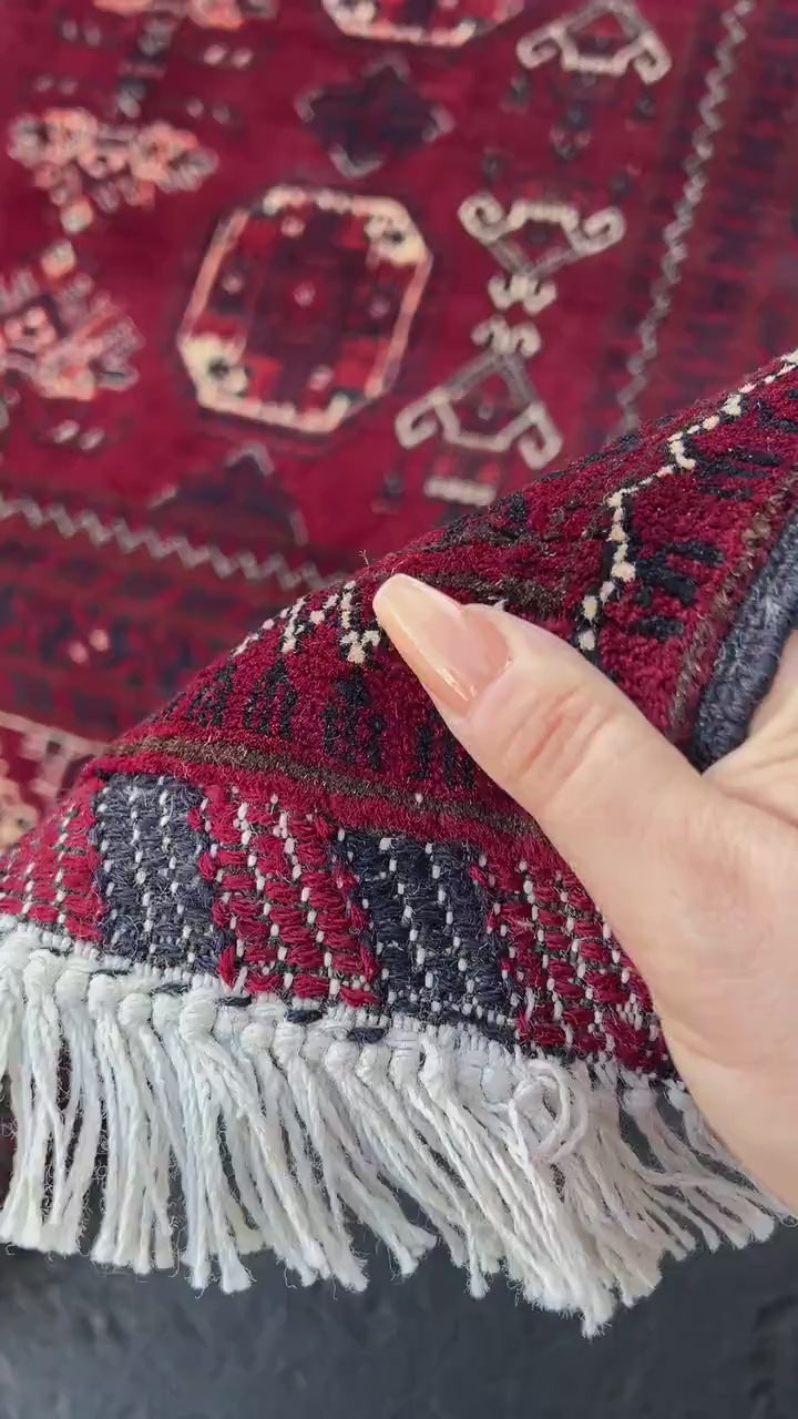 4x6 (125x200) Fair Trade Handmade Afghan Rug | Blood Red Cream Beige Midnight Blue Crimson Red Ivory | Hand Knotted Oriental Turkish Persian