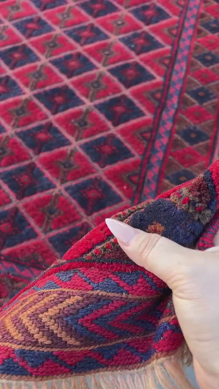 5x7 (150x200) Handmade Afghan Rug | Cherry Auburn Crimson Red Midnight Blue Burnt Orange Taupe Crimson Red Hand Knotted Persian Turkish Wool