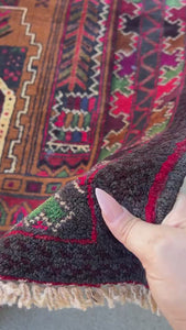 3x5 (100x180) Handmade Vintage Baluch Afghan Rug | Chocolate Brown Crimson Red Black Cream Beige Wine Red Pine Green Ivory | Geometric Wool