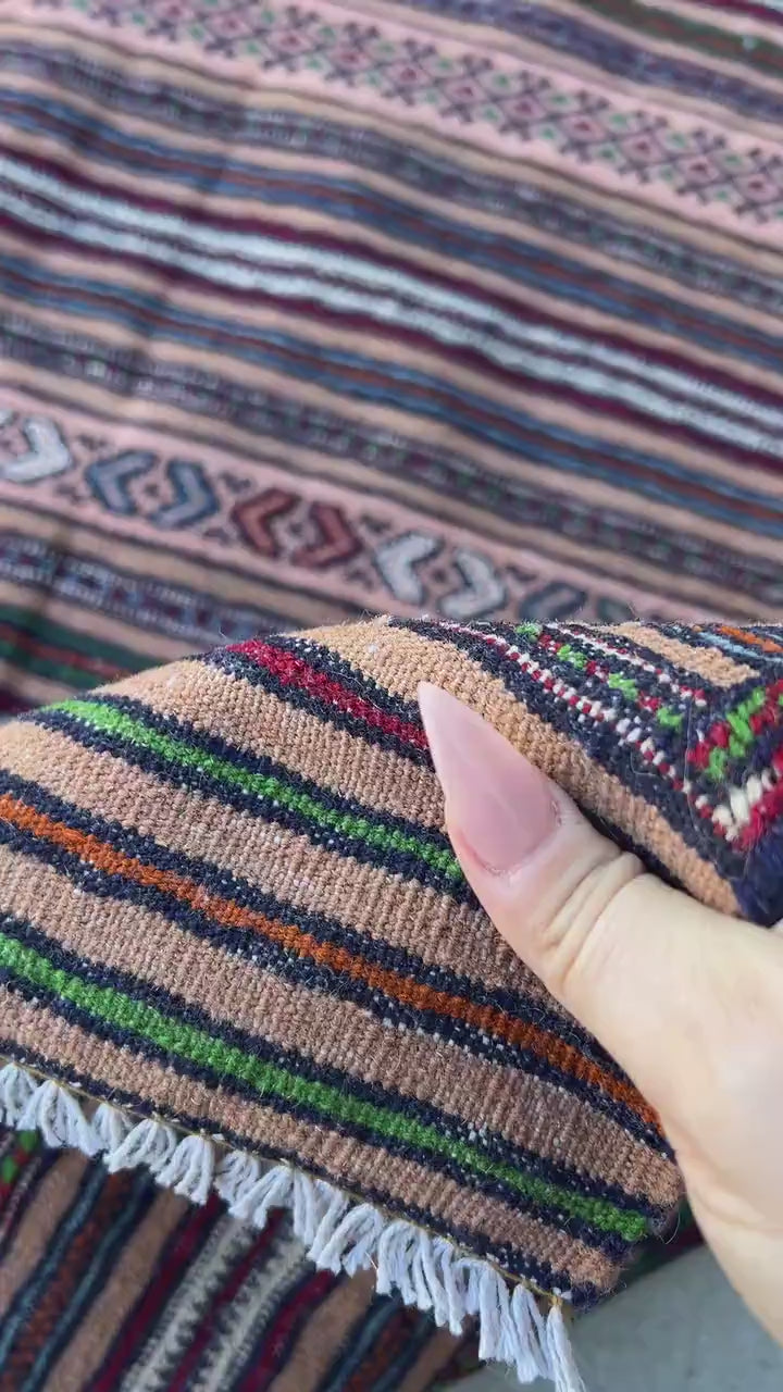 5x7 (150x215) Handmade Afghan Kilim Rug | Taupe Mocha Brown Red Blue Lime Green Orange Ivory | Geometric Wool Persian Tribal Hand Knotted