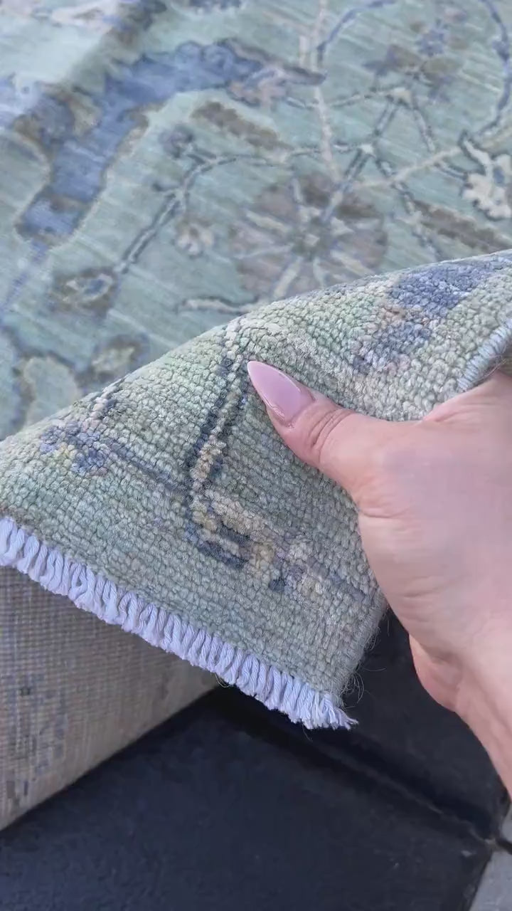 8x10 (245x305) Handmade Afghan Rug | Muted Neutral Pastel Sage Green Grey Beige Cream Denim Blue Charcoal Grey | Hand Knotted Tribal Wool