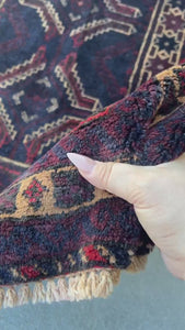 3x5 (100x180) Handmade Vintage Baluch Afghan Rug | Black Wine Red Cream Beige Cherry Red | Hand Knotted Geometric Turkish Persian Bohemian