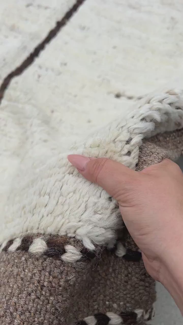 9x11 Handmade Afghan Moroccan Rug | Free Rug Pad | Cream Ivory Brown Black | Berber Beni Ourain Turkish Oushak Wool Tribal Plush Woolen